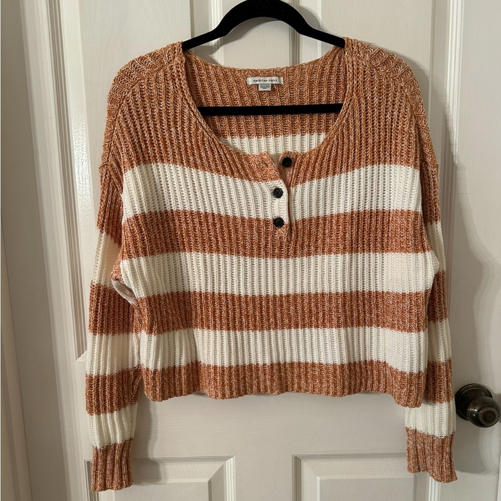 American Eagle Extra Small Cropped Striped Brown and White Sweater